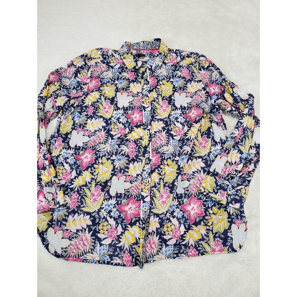 Talbots Navy Blue Colorful Floral Button Blouse Top XL Office Feminine Classic